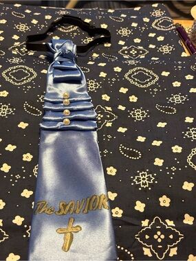 Satin Light Blue Novelty Neck Tie with Pearl Buttons
